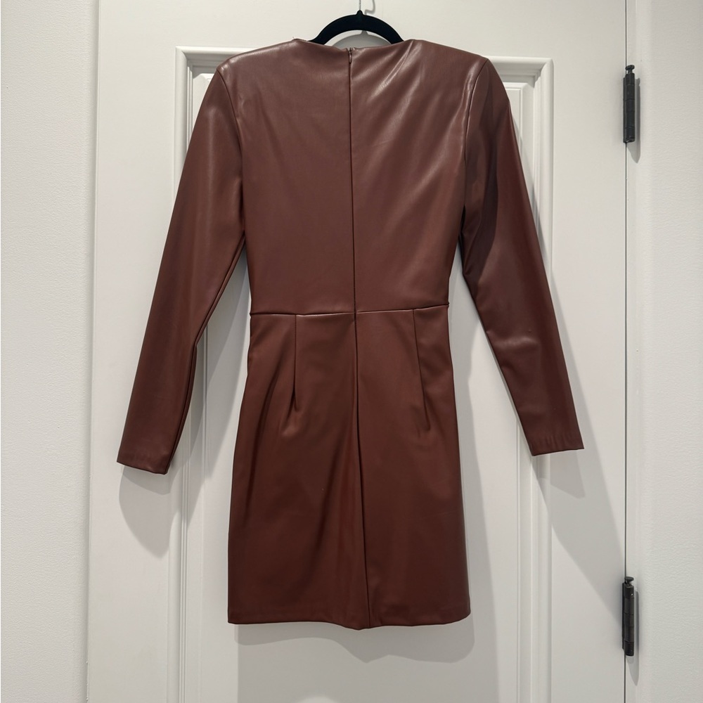 Zara Faux Leather Surplice Brown Long Sleeve Mini Dress Size S - Picture 5 of 8
